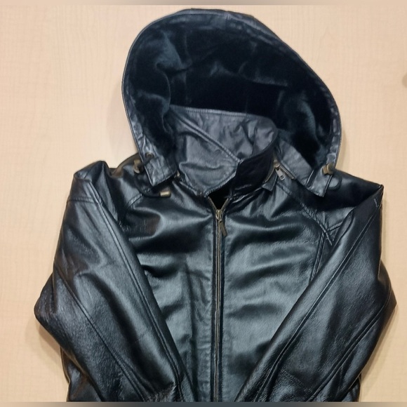 Leather Man Vintage Genuine Leather Zip Up Moto Bomber Hooded Jacket Coat Large - Picture 4 of 13